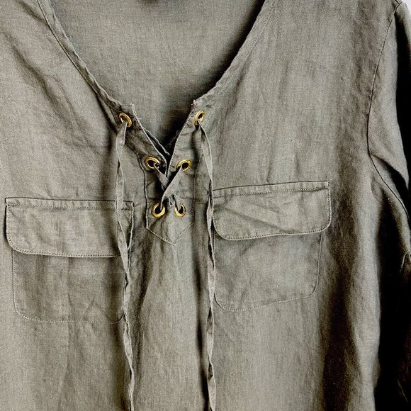 Company Ellen Tracy Green Linen Lace Up Front Roll Tab Sleeve Top - Picture 4 of 7